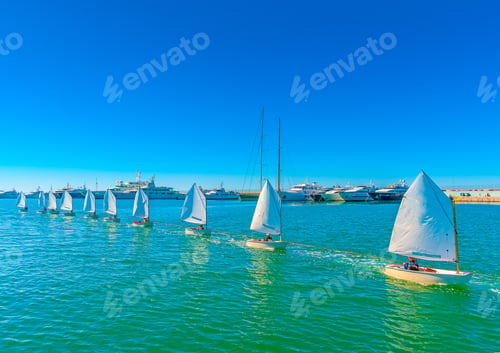 Preview: Optimist Type Sailing Boats During Training At Palaio Faliro Gulf In Athens Greece