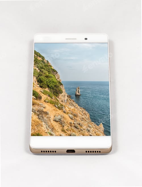 Preview: Modern Smartphone Displaying Full Screen Picture Of Yalta, Crimea. Concept For Travel Smartphone