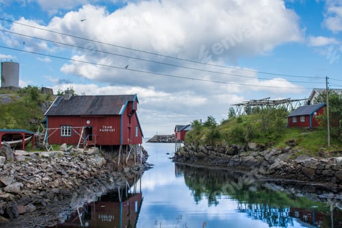 Preview: Beautiful View Of A Red Wooden House On The Sea Of Lofoten Islands, Norway
