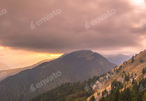 Preview: Sunset In The Hills With The Valley Below. Dramatic Clouds At Dusk.