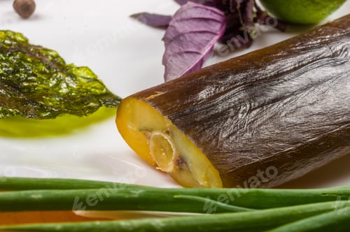 Preview: Smoked Garfish With Lime, Basil, Green Onions, Chili, Nori Chips, Spices, Olive Oil In A White
