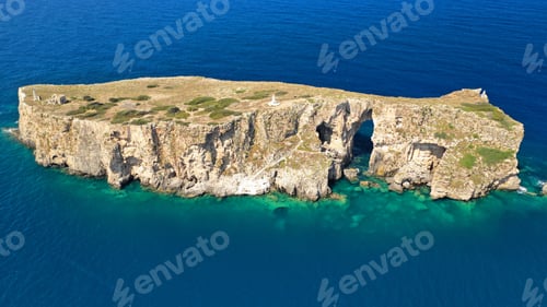 Preview: Aerial Drone Photo Of Small Islet Of Tsihli Baba With Iconic Rocky Arch And Monument Of French