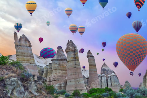 Preview: Hot Air Balloons Flying In Sunset Mountain Honey Valley, Sandstone Huge Phalli White Valley And