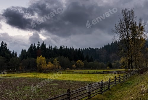 Preview: Wooden Fences Among Agricultural Fields In Forest On Cloudy Autumn Day