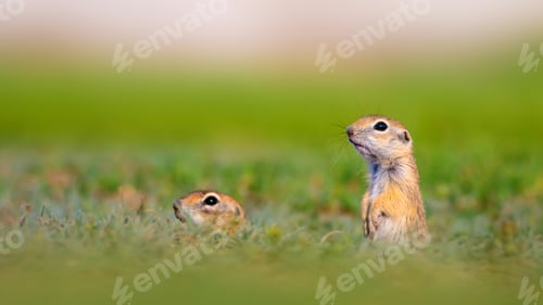 Preview: Cute Funny Animal Ground Squirrel. Green Nature Background.