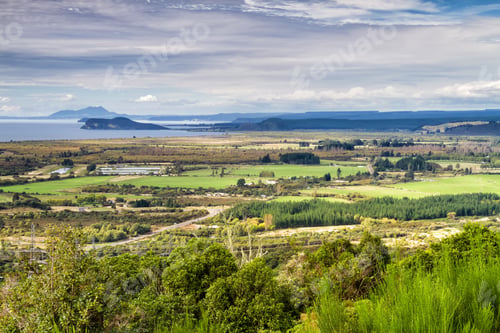 Preview: Beautiful Farmland View In Summer On North Island In New Zealand. Panoramic View Of Lake Taupo