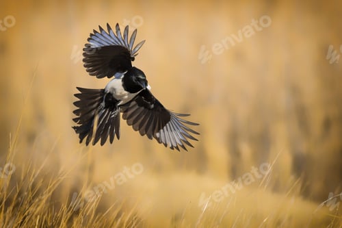 Preview: Flying Bird Magpie. Yellow Nature Background. Bird: Eurasian Magpie. Pica Pica.