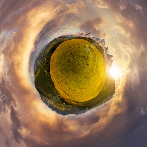 Preview: Little Mountain Planet Sunset Spherical Panorama. Lovely Countryside Concept With 360 Degree View