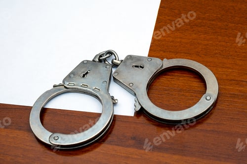 Preview: Handcuffs And Blank Paper On The Wooden Table Closeup