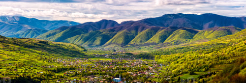 Preview: Village In Mountain Valley. Beautiful Countryside Landscape In Springtime