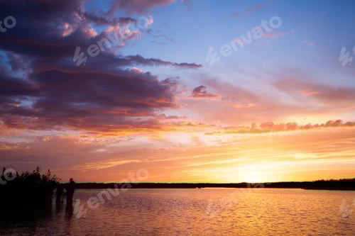 Preview: Sunset Over Water From "Delta Del Po", Italian Landscape. Water And Sky