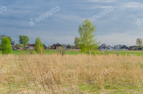 Preview: Landscape With Field, Dry Grass And Trees In Spring