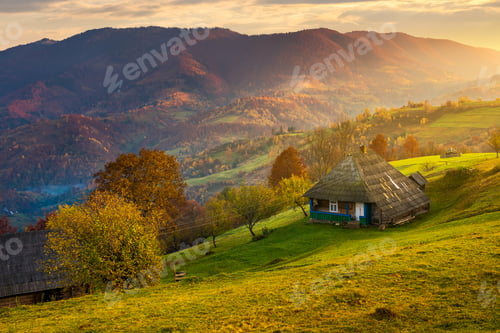 Preview: Gorgeous Mountainous Countryside At Sunrise. Beautiful Rural Area. Village On The Hillside
