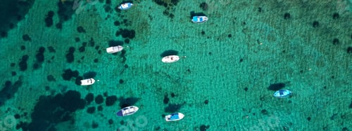 Preview: Aerial Drone Ultra Wide Photo Of Traditional Fishing Boat And Yacht Anchored In Paradise Bay Of
