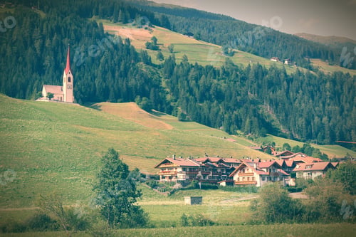 Preview: Italy - Beautiful Alpine Village, Prato Alla Drava. Small Town With Green Pastures And Alps In