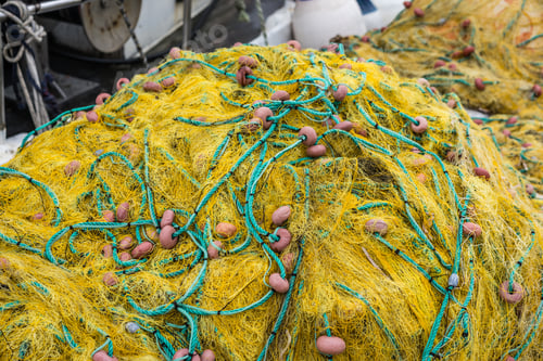 Preview: Tangled Yellow Fisherman Fishing Nets On The Shore Of In Zante Island, Greece