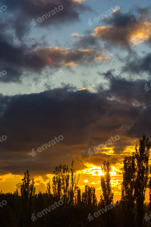 Preview: Landscape With Dramatic Light - Beautiful Golden Sunset With Saturated Sky And Clouds.