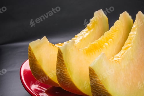 Preview: Slices Of Ripe Juicy Melon In Red Plate On Black Background