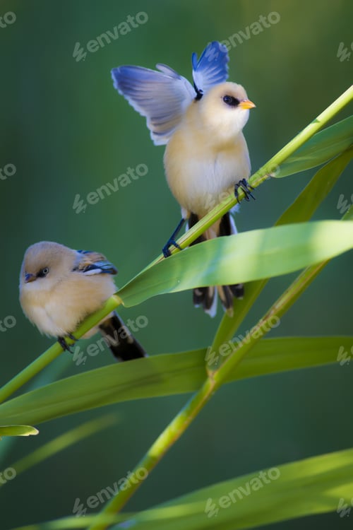 Preview: Cute Bird. Green Nature Background. Bearded Reedling / Panurus Biarmicus