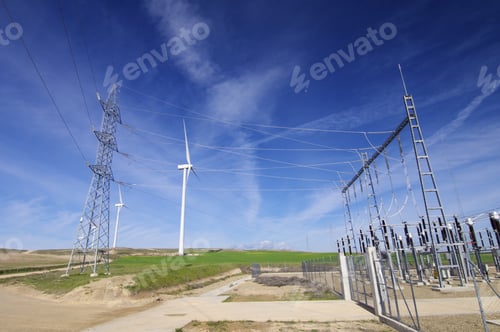 Preview: High Voltage Substation And Windmills With Cloudy Sky