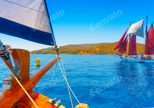 Preview: Bow Of An Old Classic Wooden Sailing Boat During A Classic Boats Regatta In Spetses Island In Greece