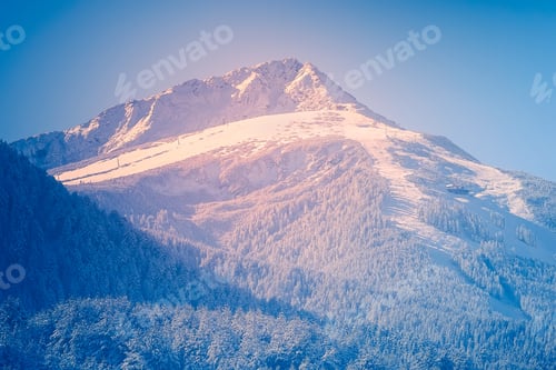 Preview: Bansko, Bulgaria Pink Sunset Ski Resort Background With Ski Slopes Panoramic View, Snow Mountain