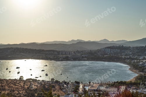 Preview: Top View Of Bodrum Suburb And Boats On The Bay In The Sunset Light. Turkey, July 2019