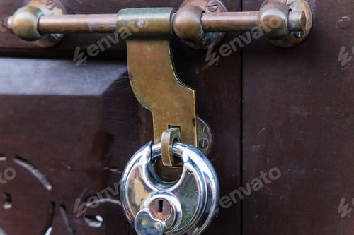 Preview: Lock With Big Deadbolt To Close The Door Old Vintage Wood Doors