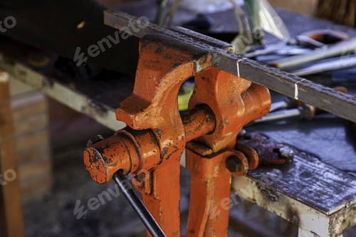 Preview: Old Metal Clamp For Holding Metal, Industrial Tool Detail