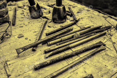 Preview: Old Tools For Stone Carving Handcrafted, Detail Of A Manual Craft
