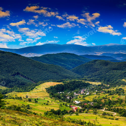 Preview: Summer Landscape. Village On The Hillside. Forest On The Mountain Covered With Red And Yellow