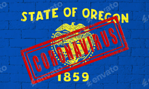 Preview: Flag Of The State Of Oregon Painted On Grungy Brick Wall Background. With Stamp Coronavirus, Idea