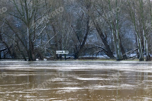 Preview: Direction Sign On A Flooded River Bank