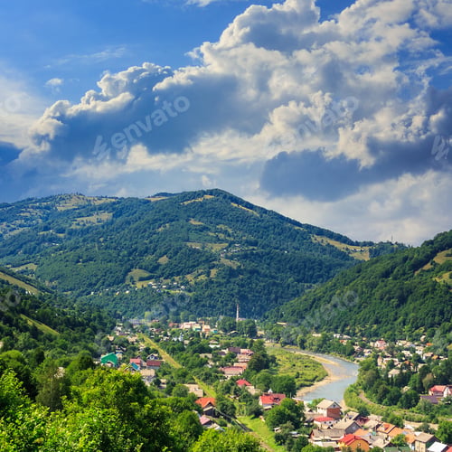 Preview: Summer Landscape. Village By The River. Light Fall On Forest On Mountains