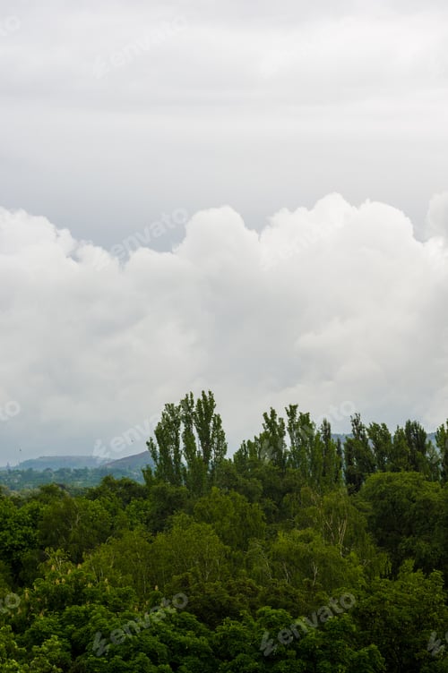 Preview: Spring City Landscape - Green Trees And Sky With Clouds On A Sunny Day