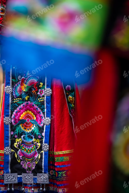 Preview: Colorful Detail Of Ethnic Minorities Costume On Display For Sale In Gift Shop In Feng Huang, Hunan
