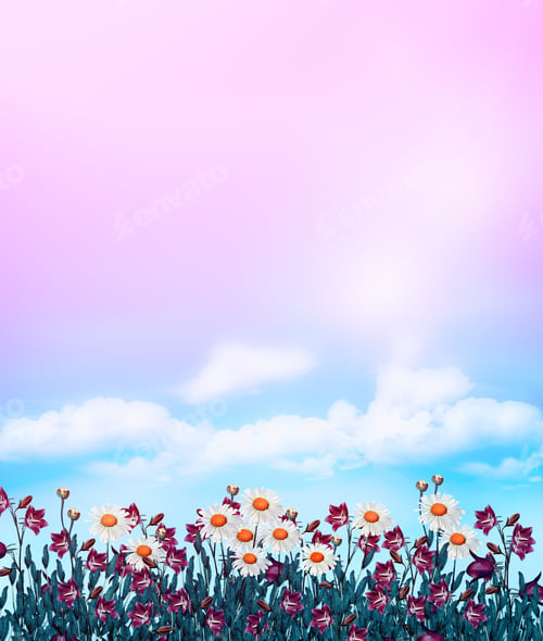 Preview: Daisy Flowers And Bells On A Background Of Blue Sky With Clouds