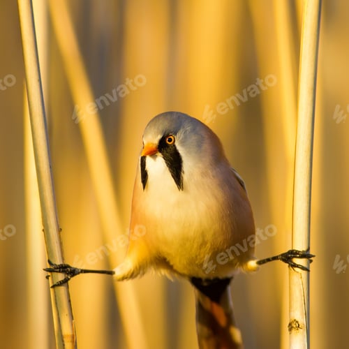 Preview: Bearded Funny Bird. Yellow Reeds Background.