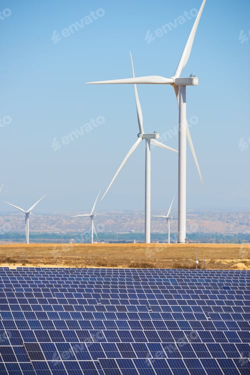 Preview: Many Solar Panels For Electric Production And Windmills In Zaragoza Province, Aragon, Spain.