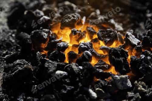 Preview: Red Hot Carbon In A Coals For Cooking, Detail Of Heat And Fire