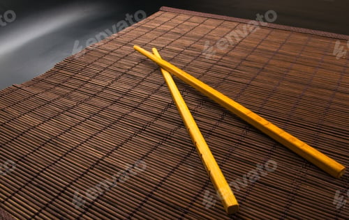 Preview: Brown Bamboo Mat With Chopsticks - Stand Food, Close-Up, Macro