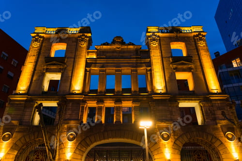 Preview: Facade Of An Old Building And Skyscrapers In The Background In Bilbao City Of Bizkaia Province Of