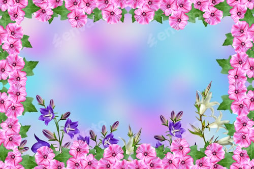 Preview: Summer Landscape. Frame Of Beautiful Colorful Flowers Of Petunia.