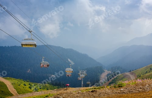 Preview: Krasnaya Polyana, Sochi, Russia, August 14, 2017: Tourists Climb On The Cable Car Rose Farm