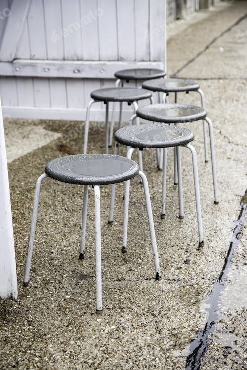Preview: Wet Benches In The Street, Detail Of Place To Sit And Rest