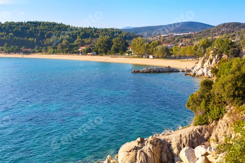 Preview: Vacation Background With Sea Water And Sandy Beach Aerial View In Sithonia, Greece