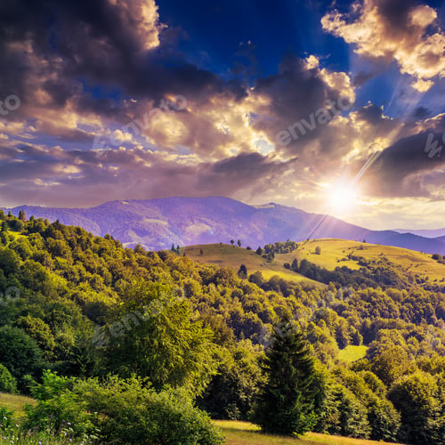 Preview: Mountain Summer Landscape. Pine Tree Near Meadow And Forest On Hillside Under Sky With Clouds At