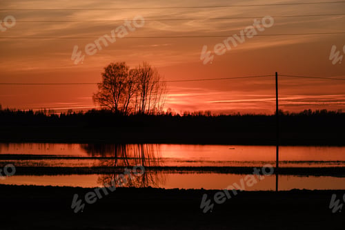 Preview: Colorful Sunset Over The Lake In Summer. Red Colored Sky