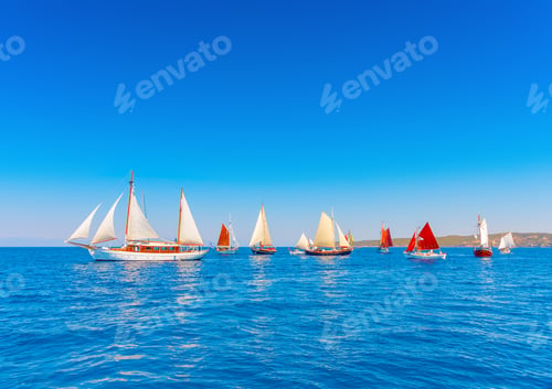Preview: Several Old Classic Wooden Sailing Boats During A Classic Boats Regatta In Spetses Island In Greece