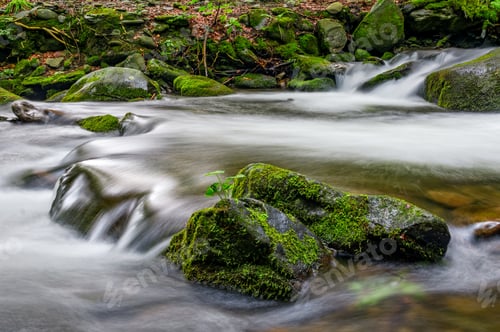 Preview: Small Cascades On The Forest River Among Huge Boulders Covered With Moss. Taken With Long Exposure
